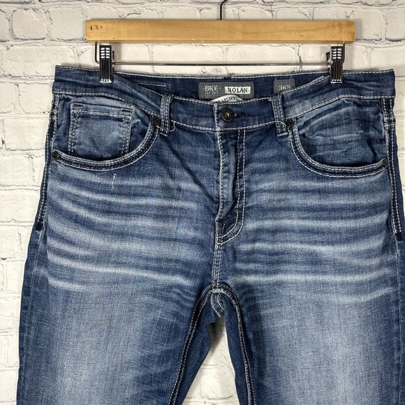 BKE Jeans Mens 36S Nolan Straight Leg Whiskered Stretch Buckle Thick Stitching - Picture 2 of 12